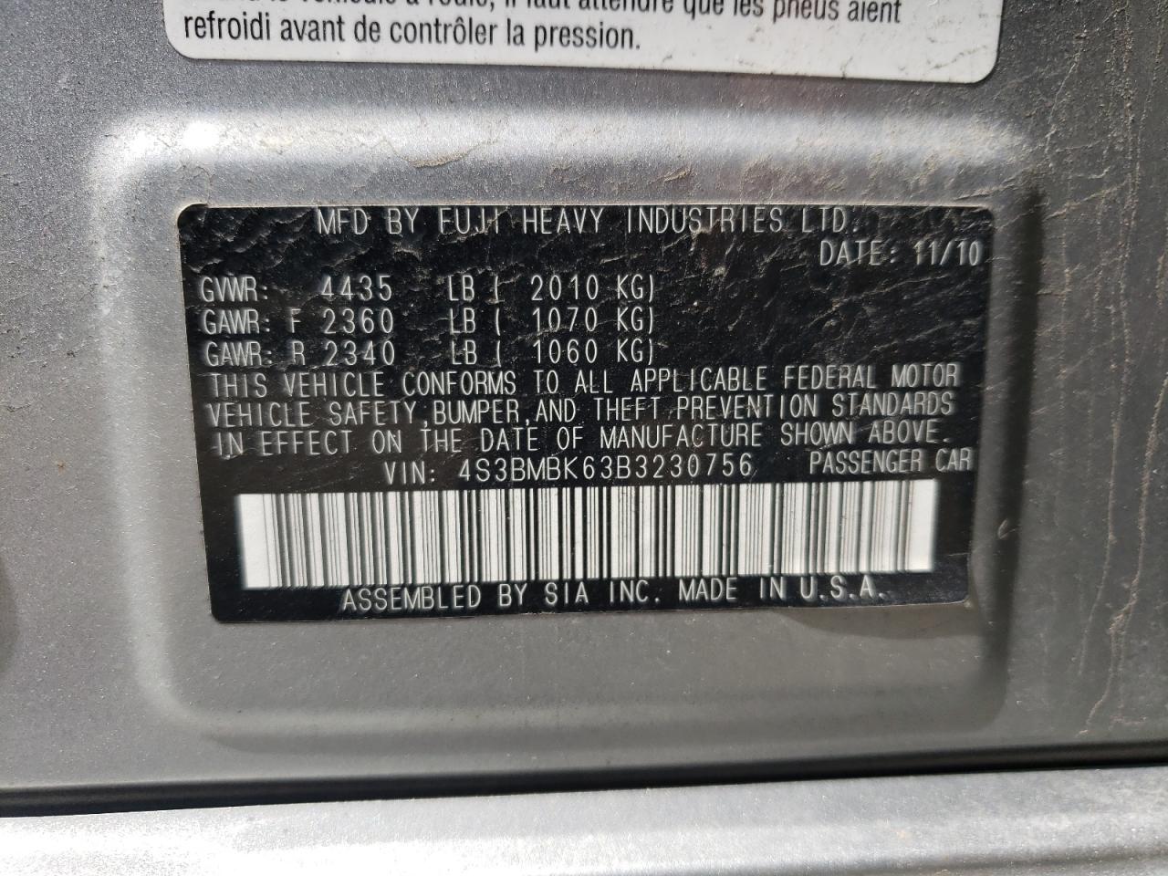 Photo 10 from auction – 2011 SUBARU LEGACY 2.5 with VIN 4S3BMBK63B3230756