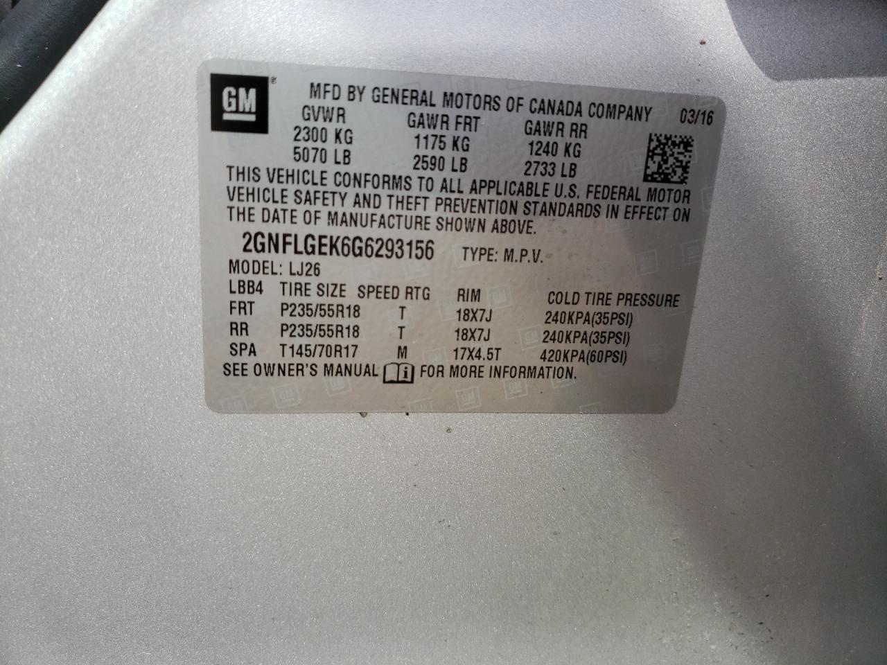 Photo 10 from auction – 2016 CHEVROLET EQUINOX LT with VIN 2GNFLGEK6G6293156