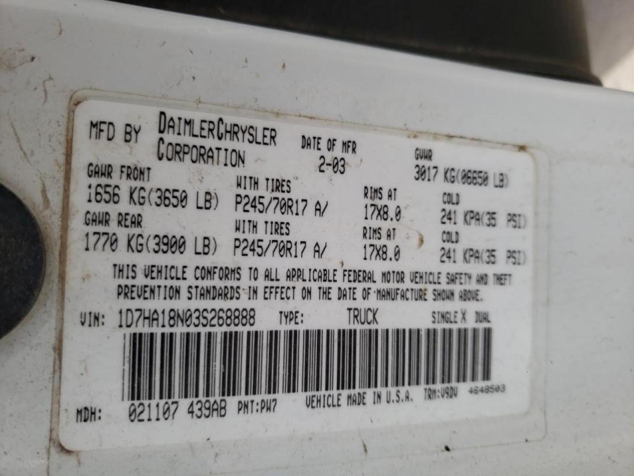 Photo 10 from auction – 2003 DODGE RAM 1500 S with VIN 1D7HA18N03S268888