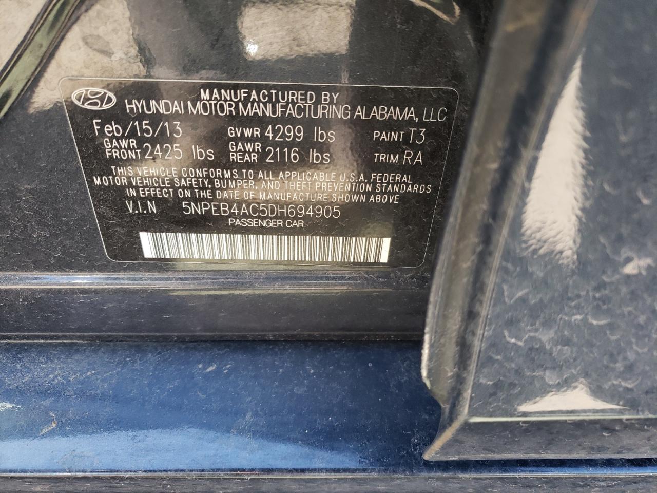 Photo 10 from auction – 2013 HYUNDAI SONATA GLS with VIN 5NPEB4AC5DH694905