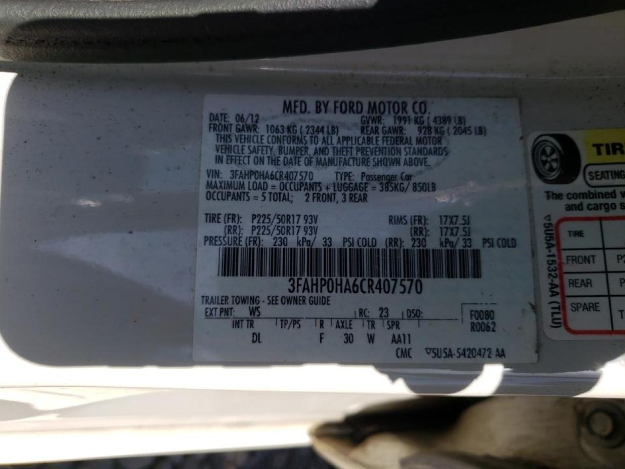 Photo 10 from auction – 2012 FORD FUSION SE with VIN 3FAHP0HA6CR407570
