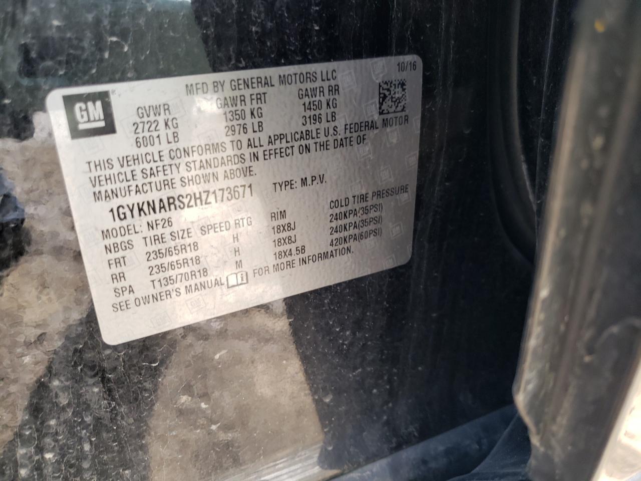 Photo 10 from auction – 2017 CADILLAC XT5 with VIN 1GYKNARS2HZ173671