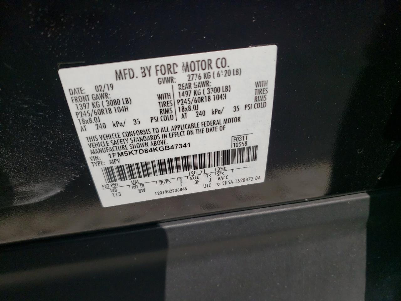 Photo 10 from auction – 2019 FORD EXPLORER X with VIN 1FM5K7D84KGB47341
