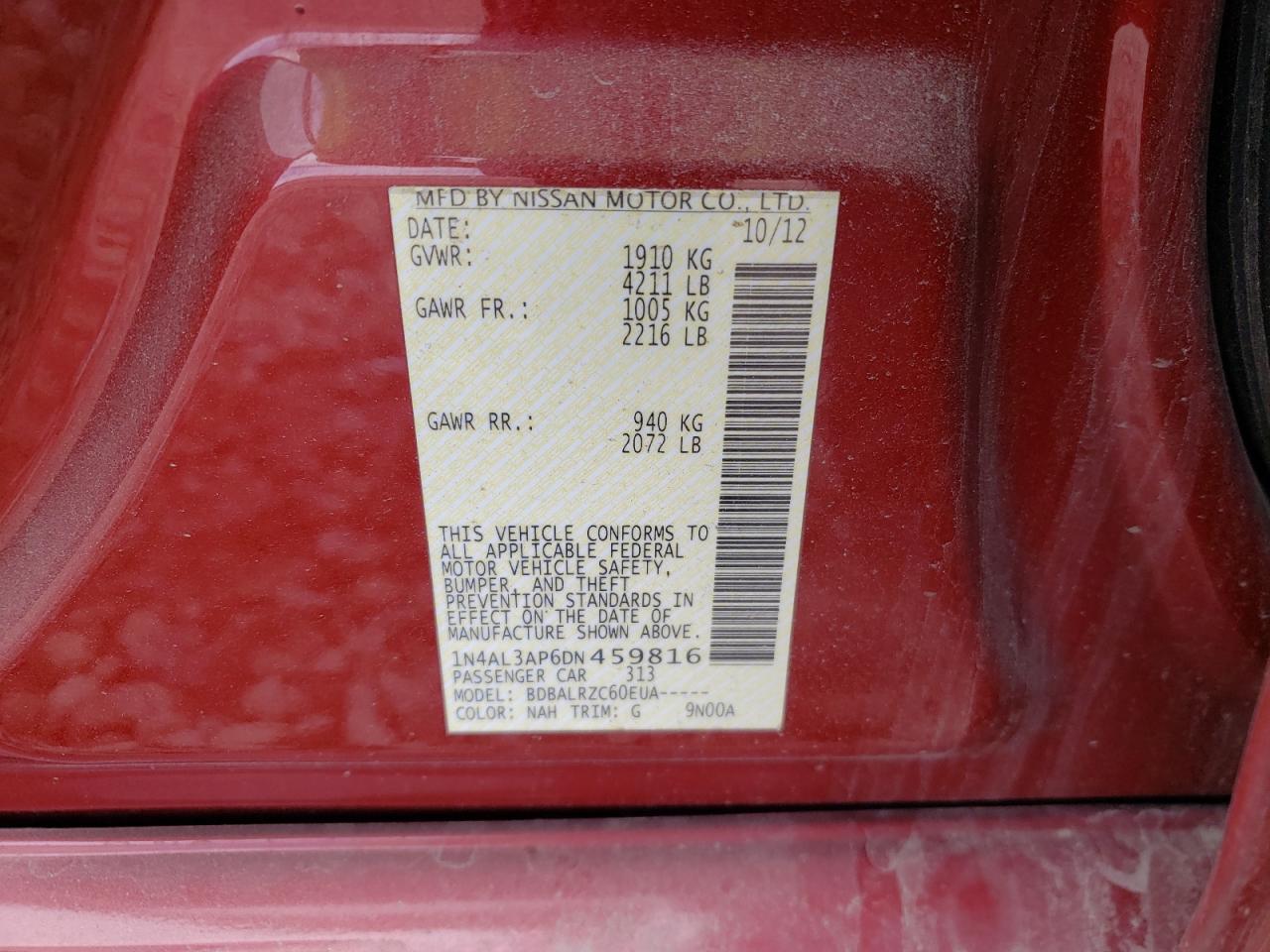 Photo 10 from auction – 2013 NISSAN ALTIMA 2.5 with VIN 1N4AL3AP6DN459816