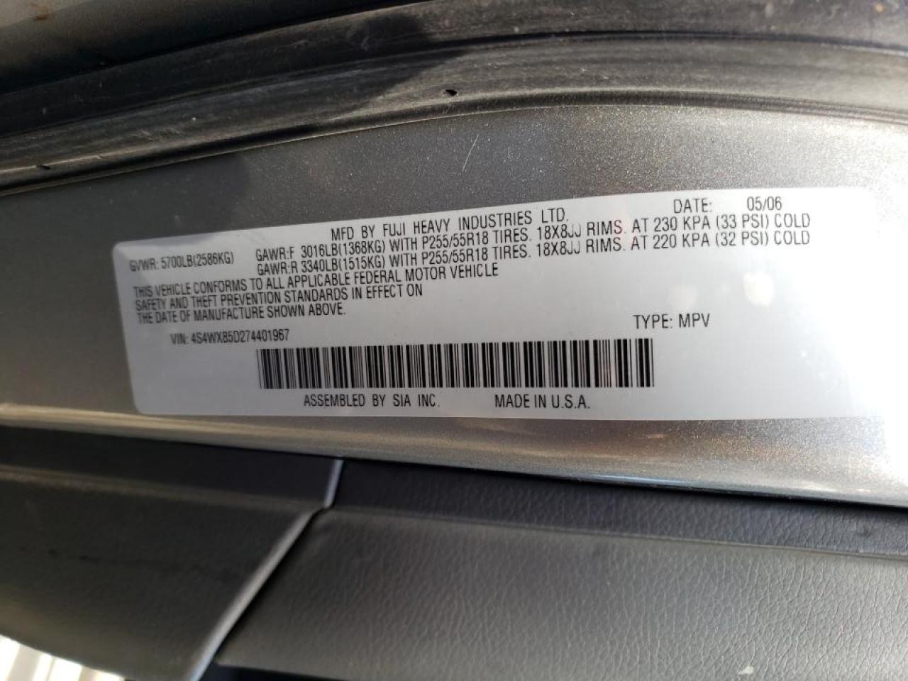 Photo 10 from auction – 2007 SUBARU B9 TRIBECA with VIN 4S4WX85D274401967