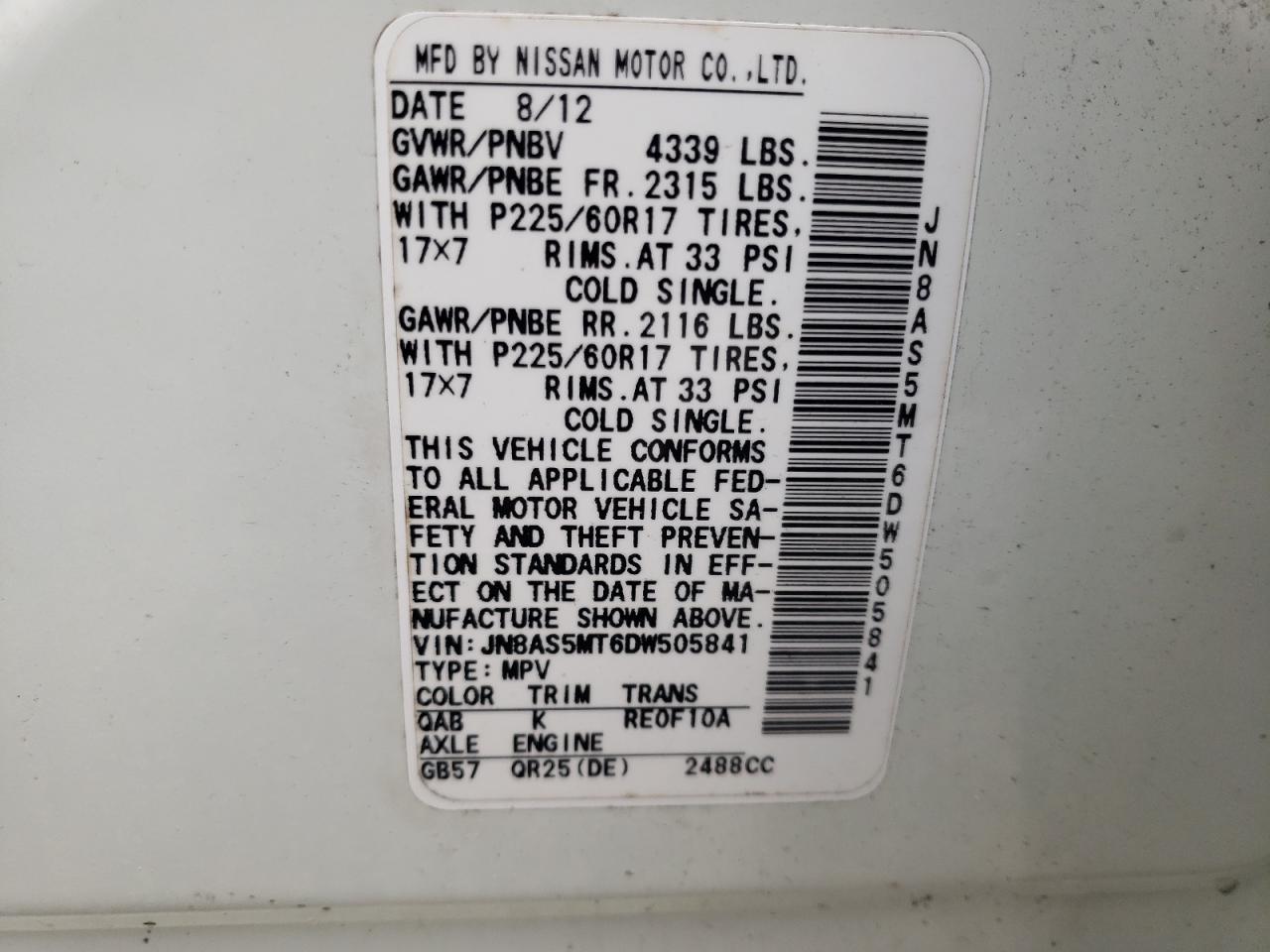 Photo 10 from auction – 2013 NISSAN ROGUE S with VIN JN8AS5MT6DW505841