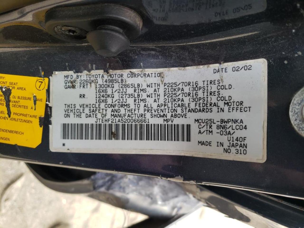 Photo 10 from auction – 2002 TOYOTA HIGHLANDER with VIN JTEHF21A520066661