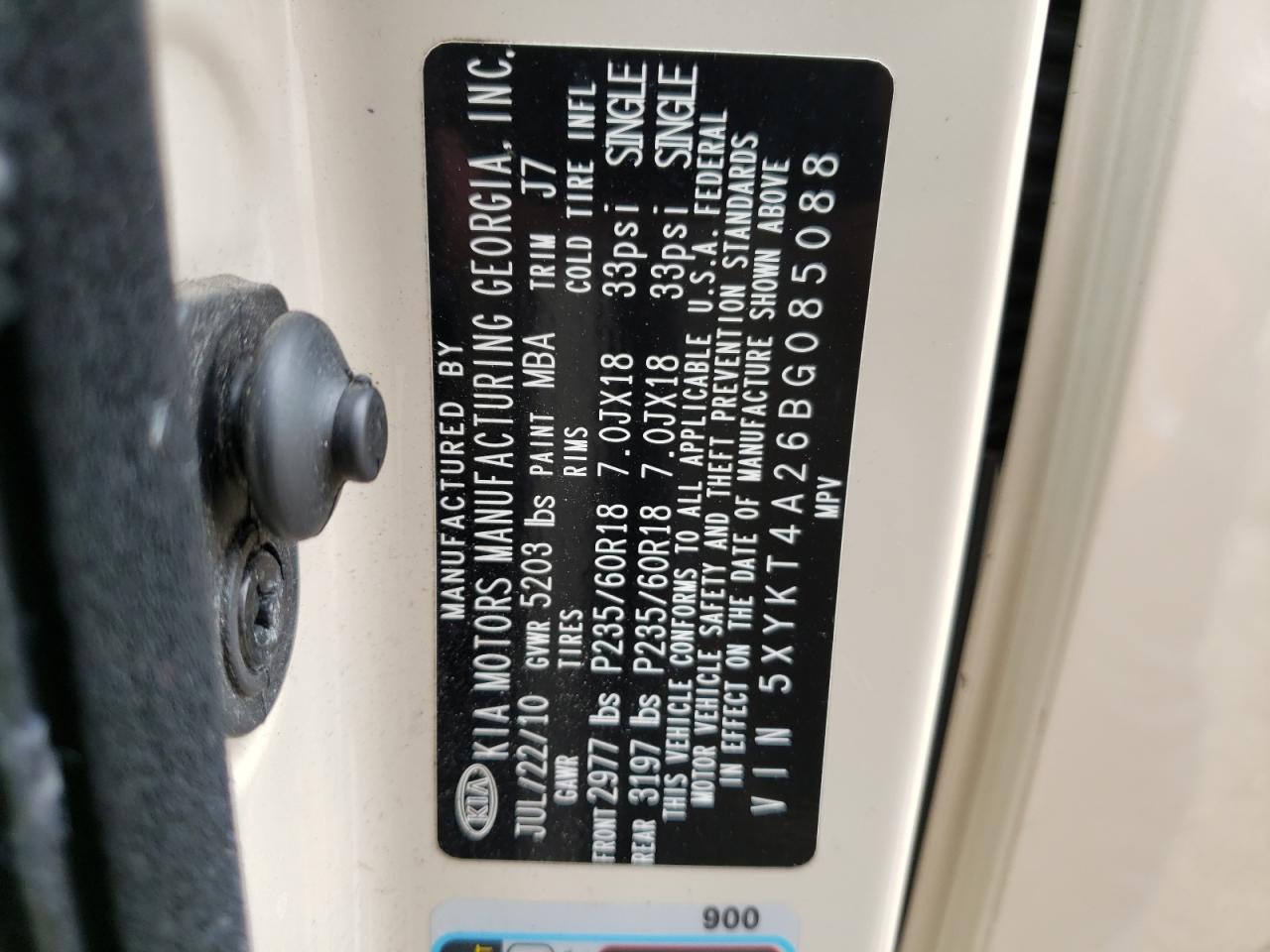 Photo 10 from auction – 2011 KIA SORENTO BA with VIN 5XYKT4A26BG085088