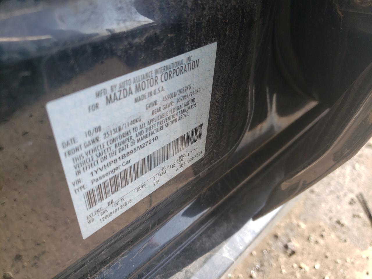 Photo 10 from auction – 2009 MAZDA 6 S with VIN 1YVHP81B895M27210