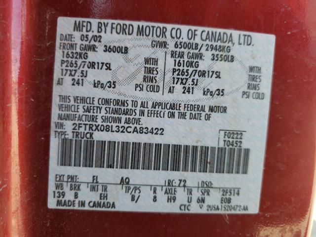Photo 10 from auction – 2002 FORD F150 with VIN 2FTRX08L32CA83422