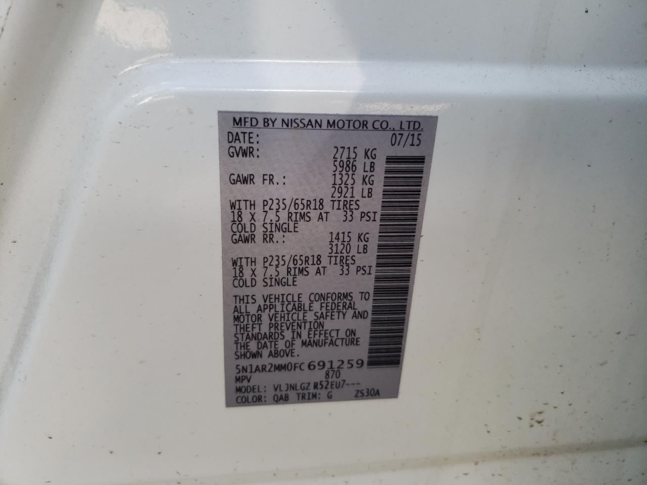 Photo 10 from auction – 2015 NISSAN PATHFINDER with VIN 5N1AR2MM0FC691259