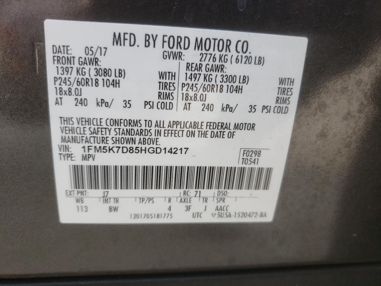 Photo 10 from auction – 2017 FORD EXPLORER X with VIN 1FM5K7D85HGD14217