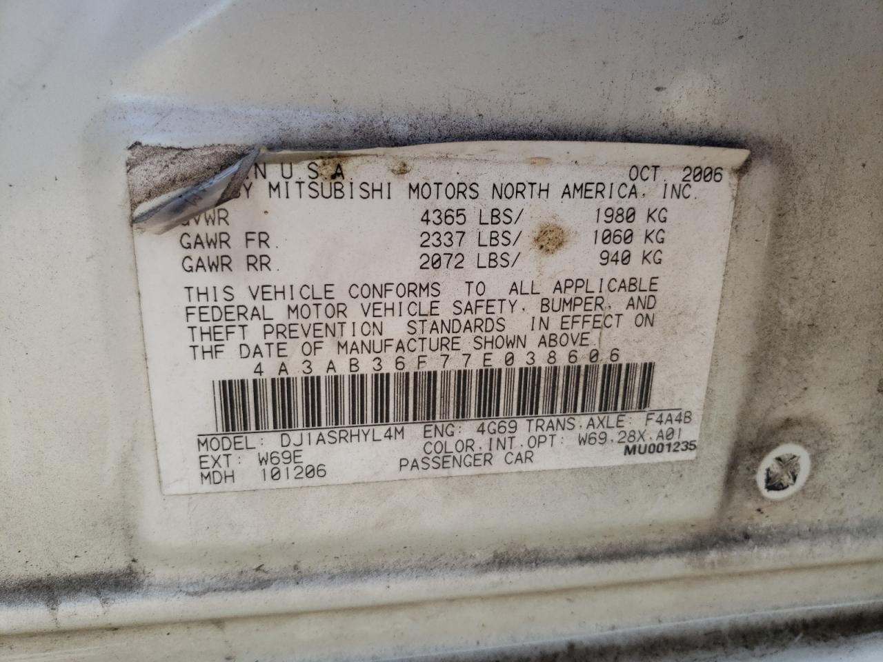 Photo 10 from auction – 2007 MITSUBISHI GALANT ES with VIN 4A3AB36F77E038606