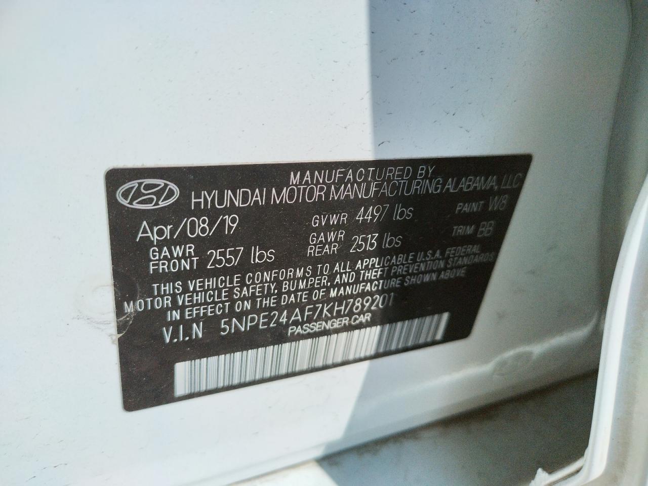 Photo 10 from auction – 2019 HYUNDAI SONATA SE with VIN 5NPE24AF7KH789201