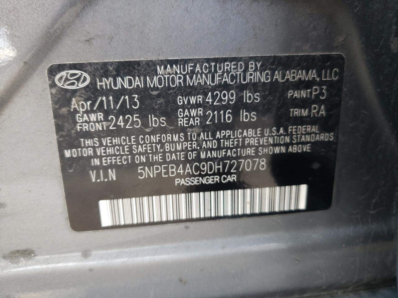 Photo 10 from auction – 2013 HYUNDAI SONATA GLS with VIN 5NPEB4AC9DH727078