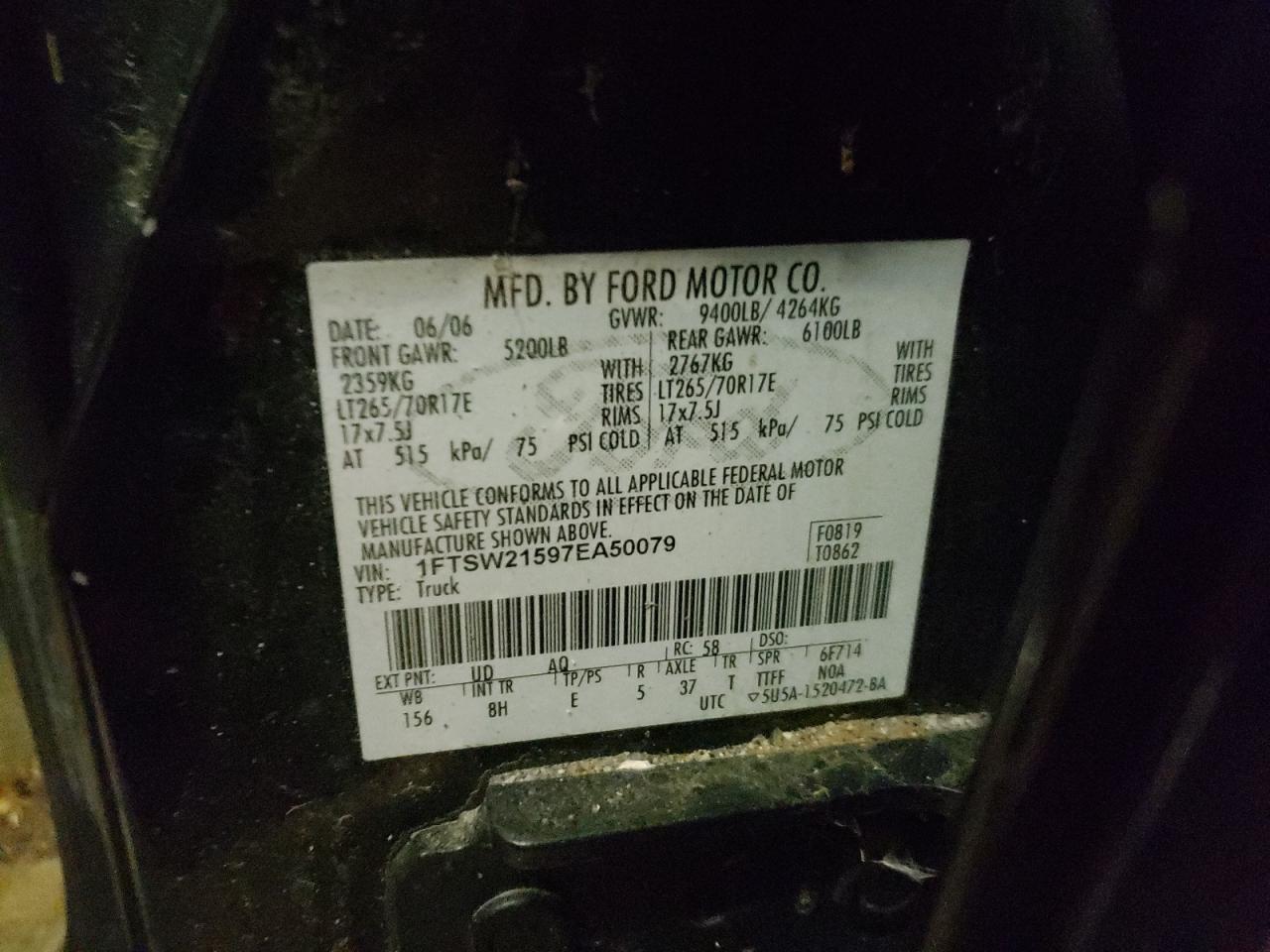 Photo 10 from auction – 2007 FORD F250 SUPER with VIN 1FTSW21597EA50079