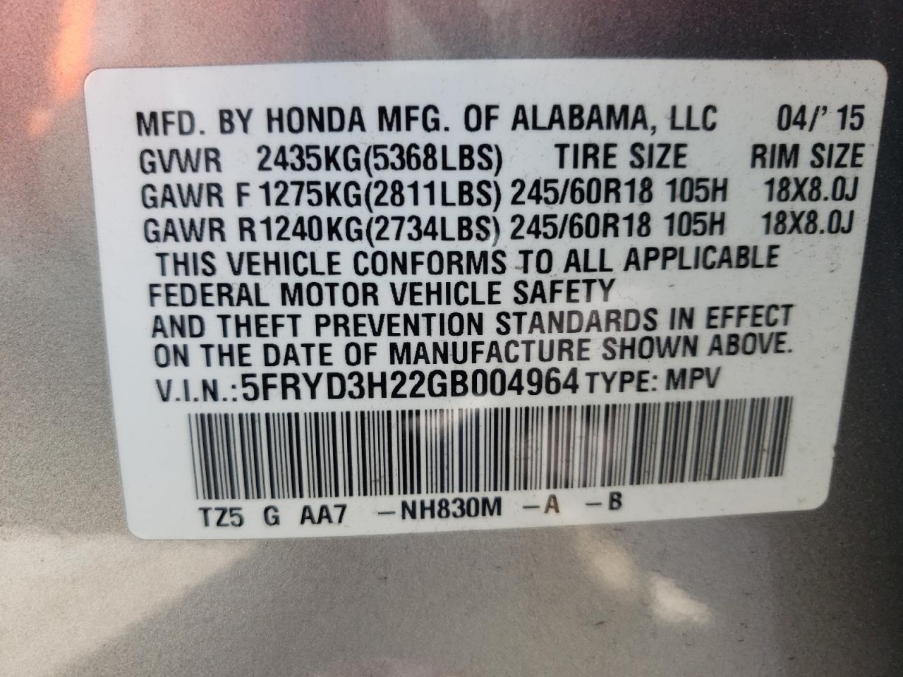 Photo 10 from auction – 2016 ACURA MDX with VIN 5FRYD3H22GB004964