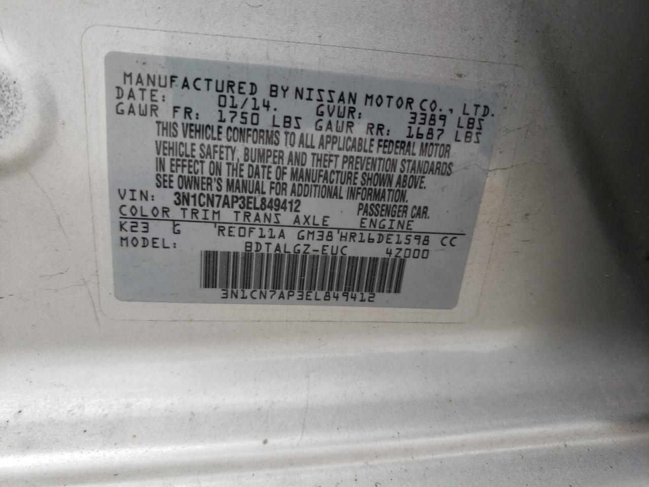 Photo 10 from auction – 2014 NISSAN VERSA S/S with VIN 3N1CN7AP3EL849412