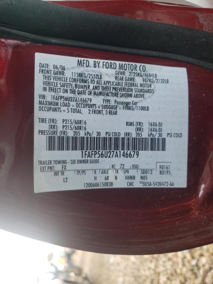 Foto 10 de la subasta – 2007 FORD TAURUS SEL con VIN 1FAFP56U27A146679