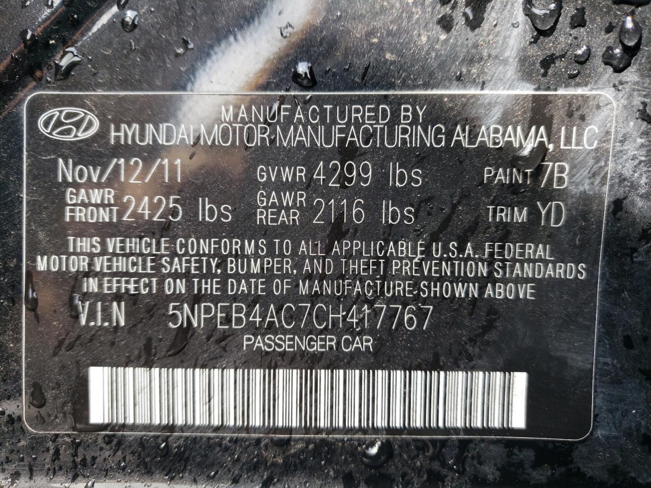 Photo 10 from auction – 2012 HYUNDAI SONATA GLS with VIN 5NPEB4AC7CH417767