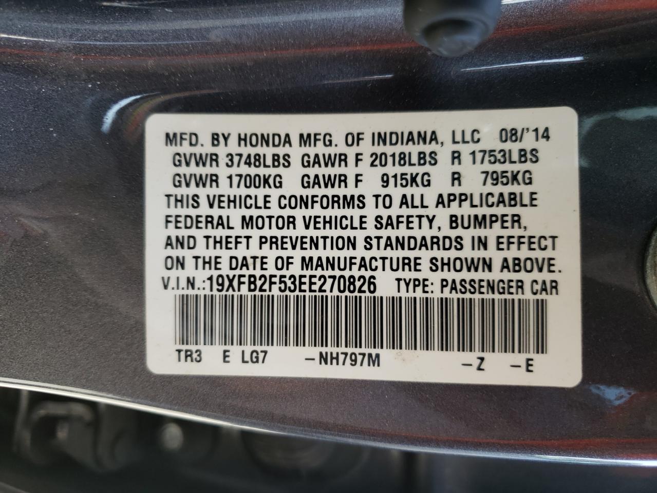 Photo 10 from auction – 2014 HONDA CIVIC LX with VIN 19XFB2F53EE270826