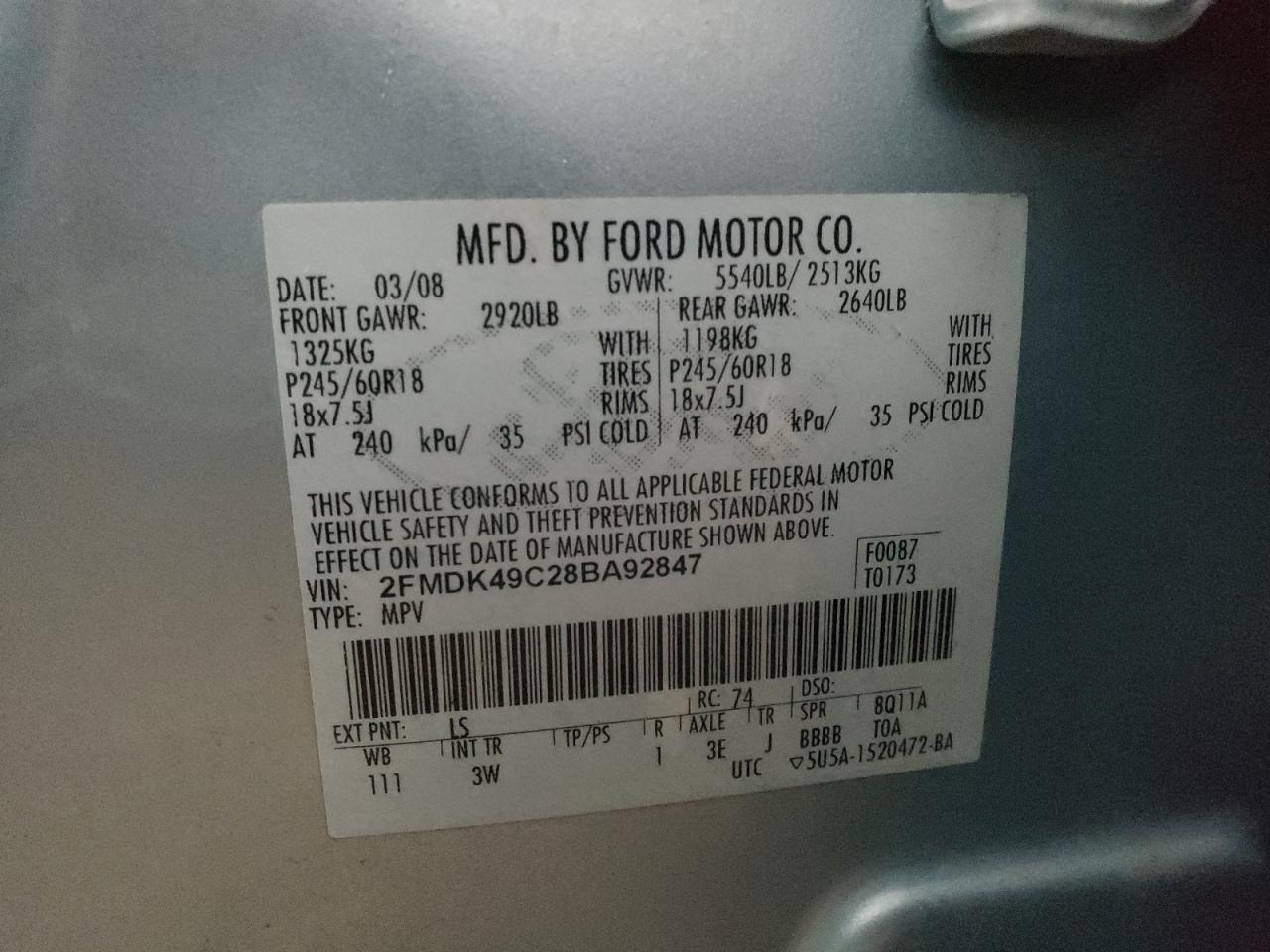 Photo 10 from auction – 2008 FORD EDGE LIMIT with VIN 2FMDK49C28BA92847