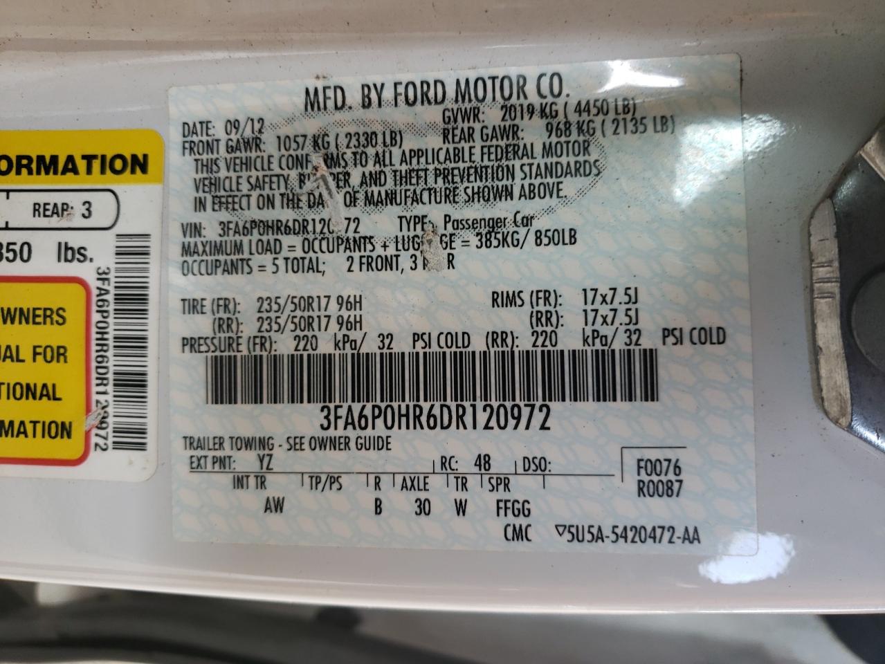 Photo 10 from auction – 2013 FORD FUSION SE with VIN 3FA6P0HR6DR120972