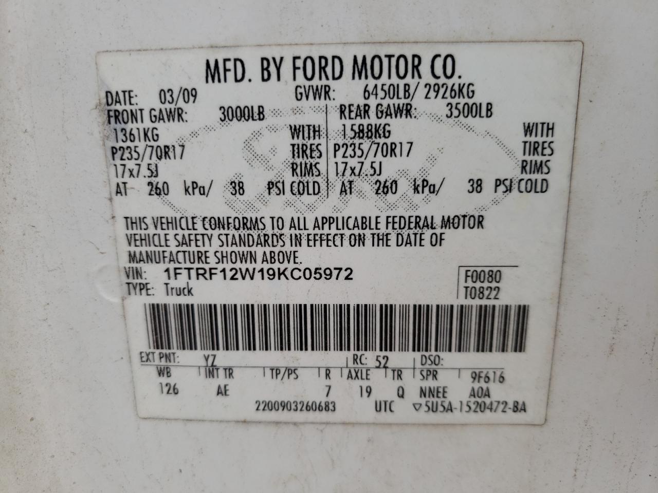 Photo 10 from auction – 2009 FORD F150 with VIN 1FTRF12W19KC05972
