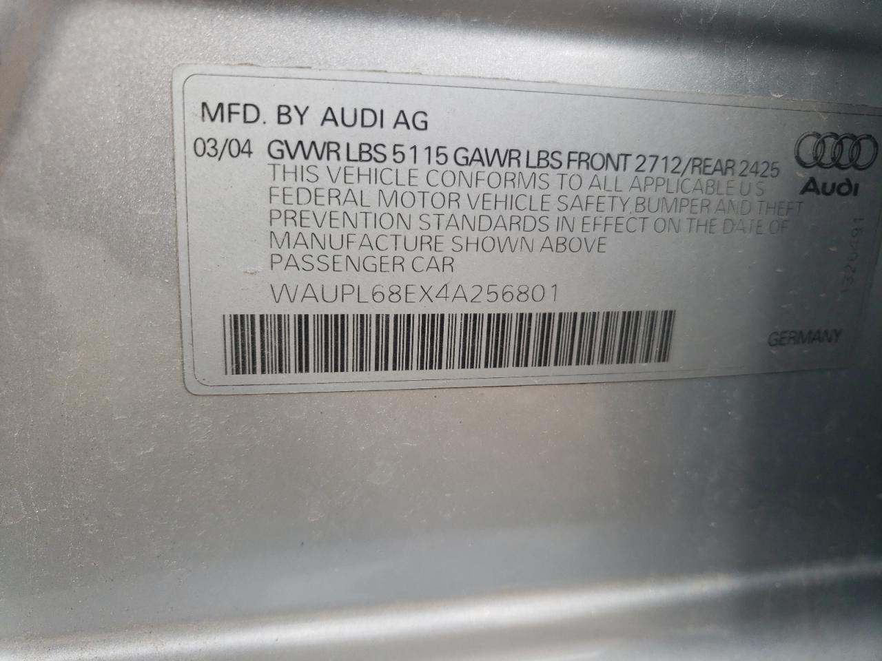 Photo 10 from auction – 2004 AUDI S4 with VIN WAUPL68EX4A256801