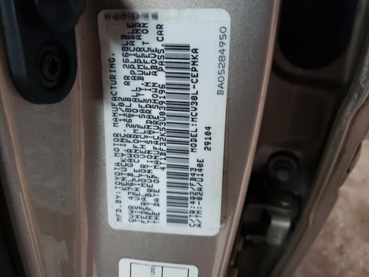 Photo 10 from auction – 2003 TOYOTA CAMRY LE with VIN 4T1BF32K53U039196