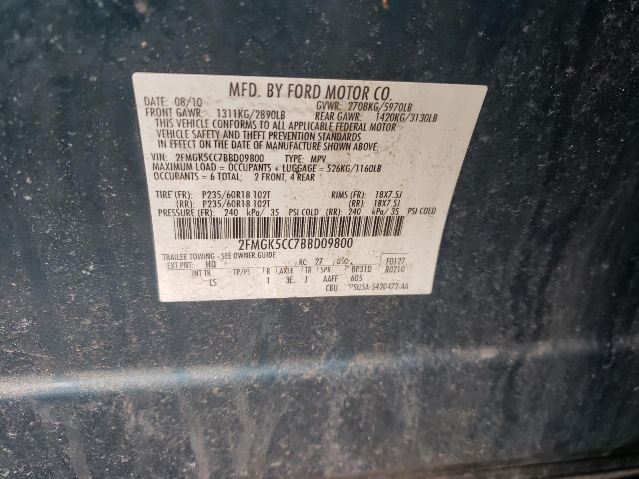 Photo 10 from auction – 2011 FORD FLEX SEL with VIN 2FMGK5CC7BBD09800