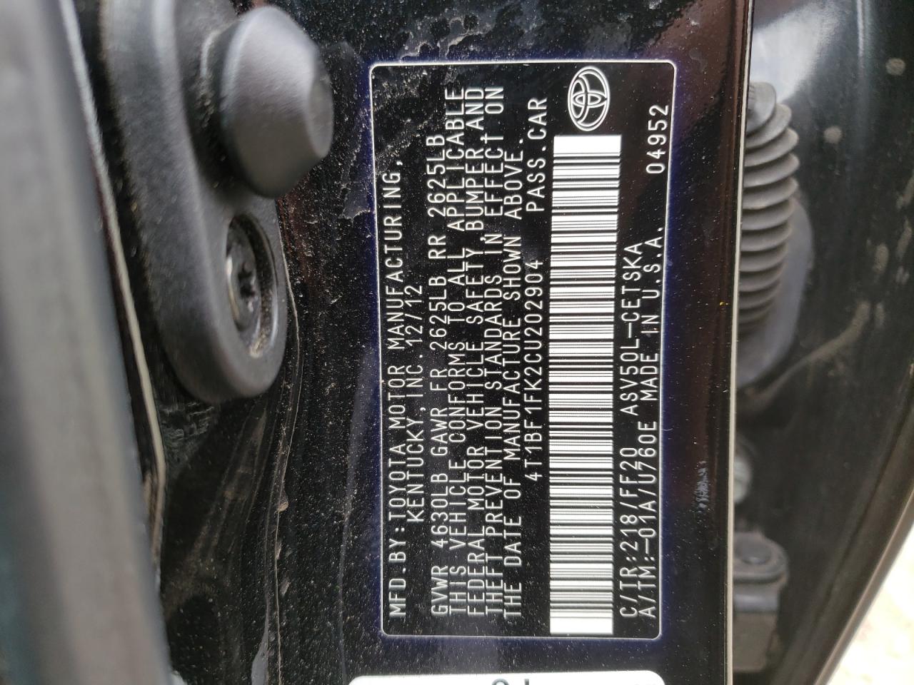 Photo 10 from auction – 2012 TOYOTA CAMRY BASE with VIN 4T1BF1FK2CU202904