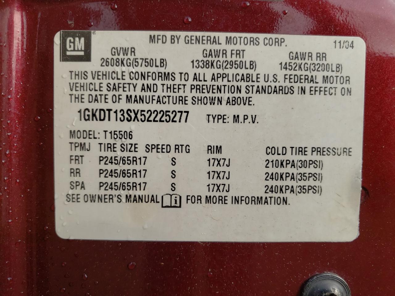 Photo 10 from auction – 2005 GMC ENVOY with VIN 1GKDT13SX52225277