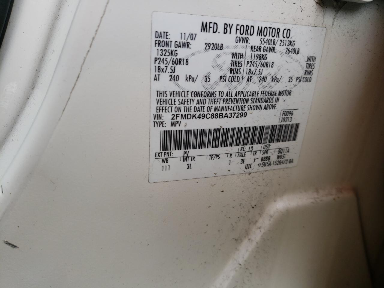 Photo 10 from auction – 2008 FORD EDGE LIMIT with VIN 2FMDK49C88BA37299