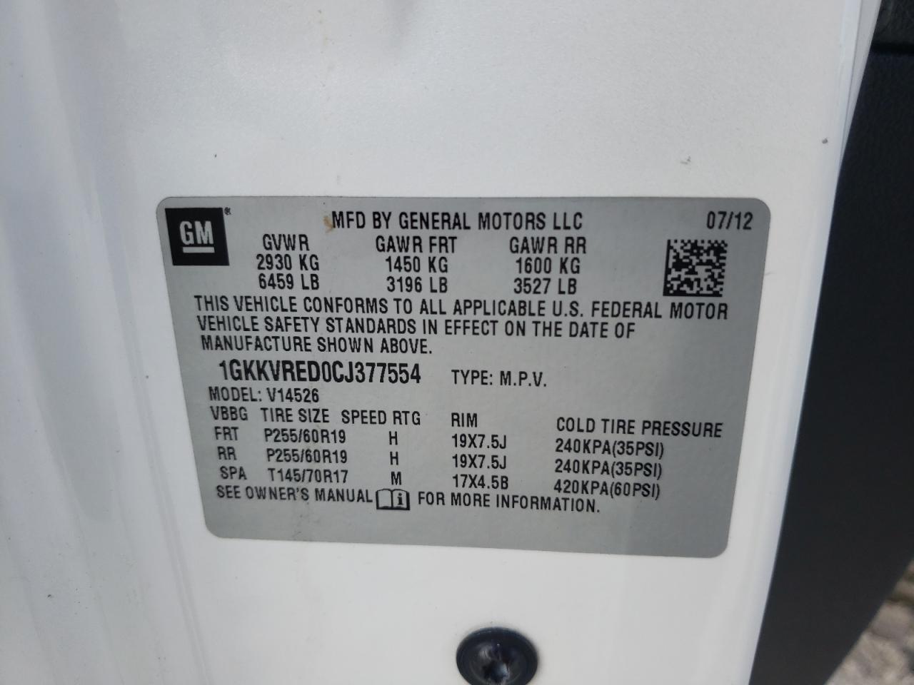 Photo 10 from auction – 2012 GMC ACADIA SLT with VIN 1GKKVRED0CJ377554