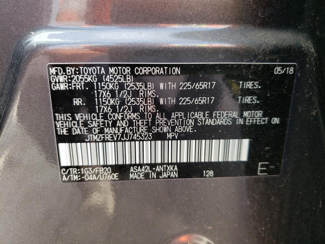 Photo 10 from auction – 2018 TOYOTA RAV4 LE with VIN JTMZFREV7JJ745323