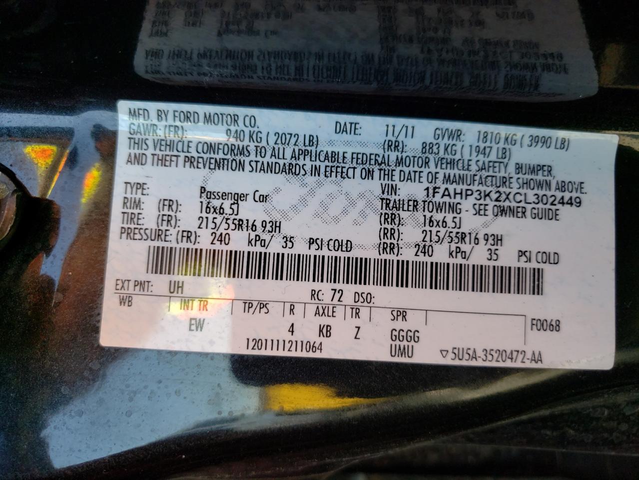 Photo 10 from auction – 2012 FORD FOCUS SE with VIN 1FAHP3K2XCL302449