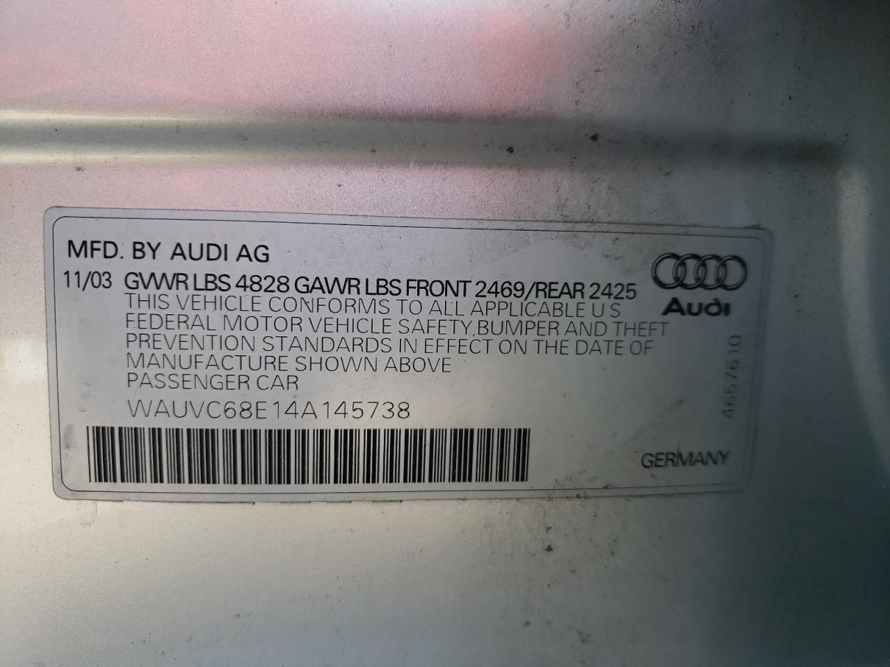 Photo 10 from auction – 2004 AUDI A4 1.8T AV with VIN WAUVC68E14A145738