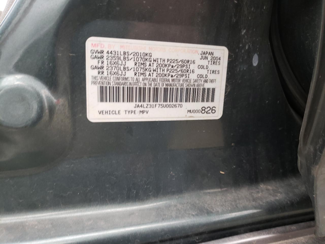 Photo 10 from auction – 2005 MITSUBISHI OUTLANDER with VIN JA4LZ31F75U002670