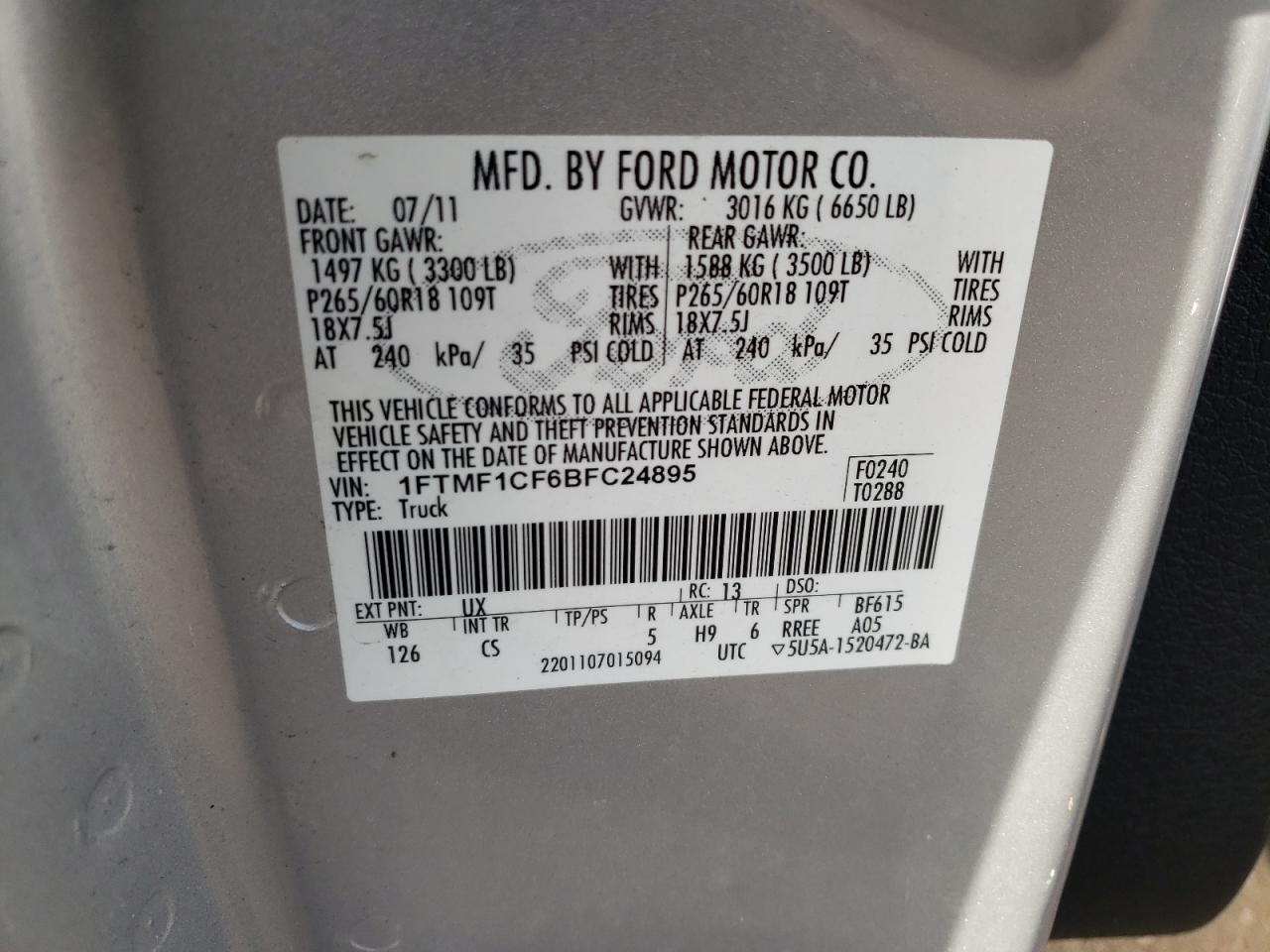 Photo 10 from auction – 2011 FORD F150 with VIN 1FTMF1CF6BFC24895