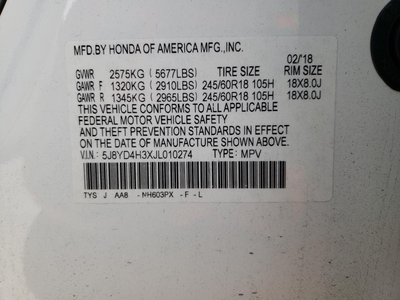 Photo 10 from auction – 2018 ACURA MDX with VIN 5J8YD4H3XJL010274