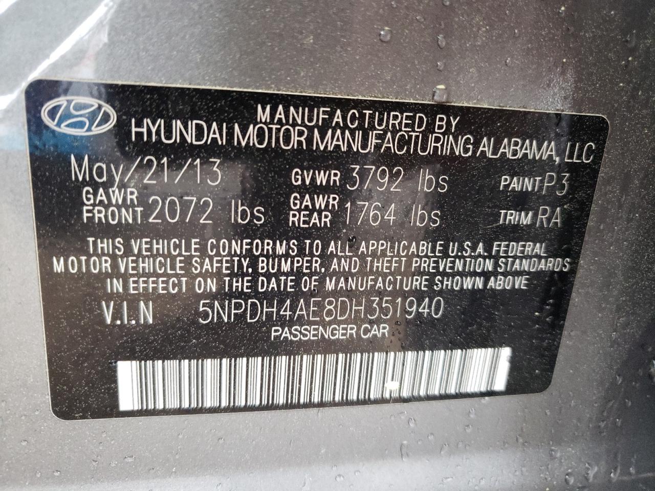 Photo 10 from auction – 2013 HYUNDAI ELANTRA with VIN 5NPDH4AE8DH351940