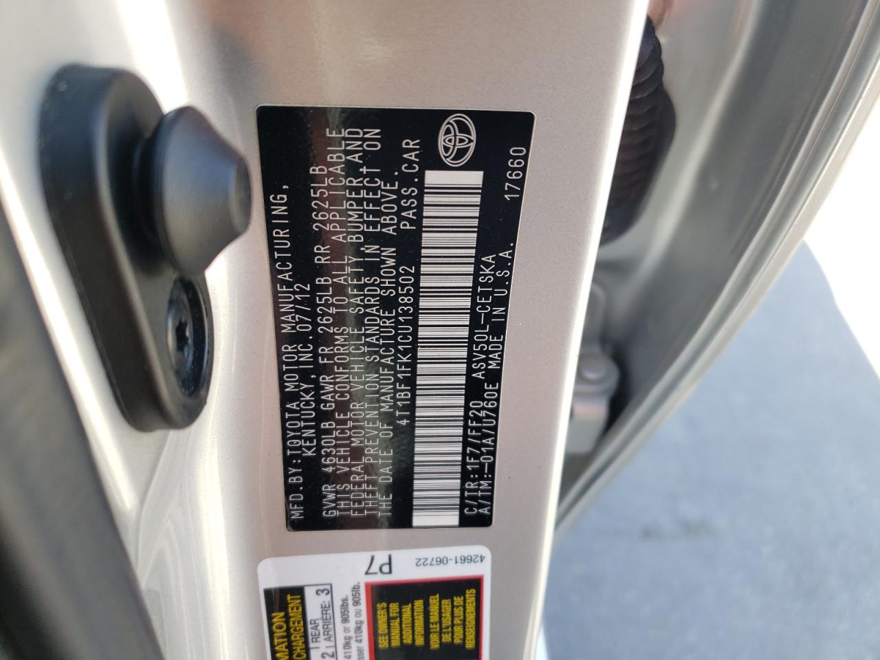 Photo 10 from auction – 2012 TOYOTA CAMRY BASE with VIN 4T1BF1FK1CU138502