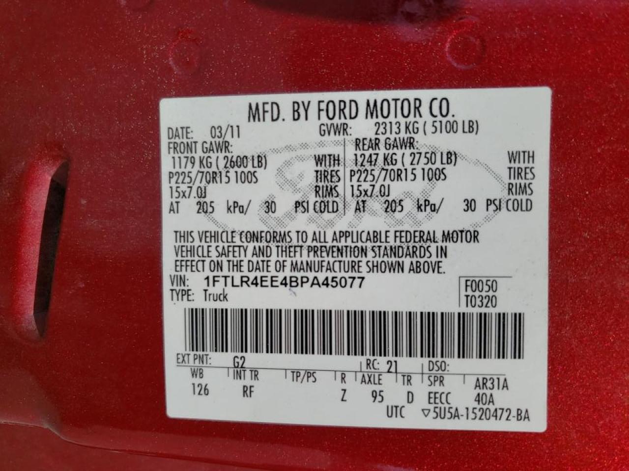 Photo 10 from auction – 2011 FORD RANGER SUP with VIN 1FTLR4EE4BPA45077