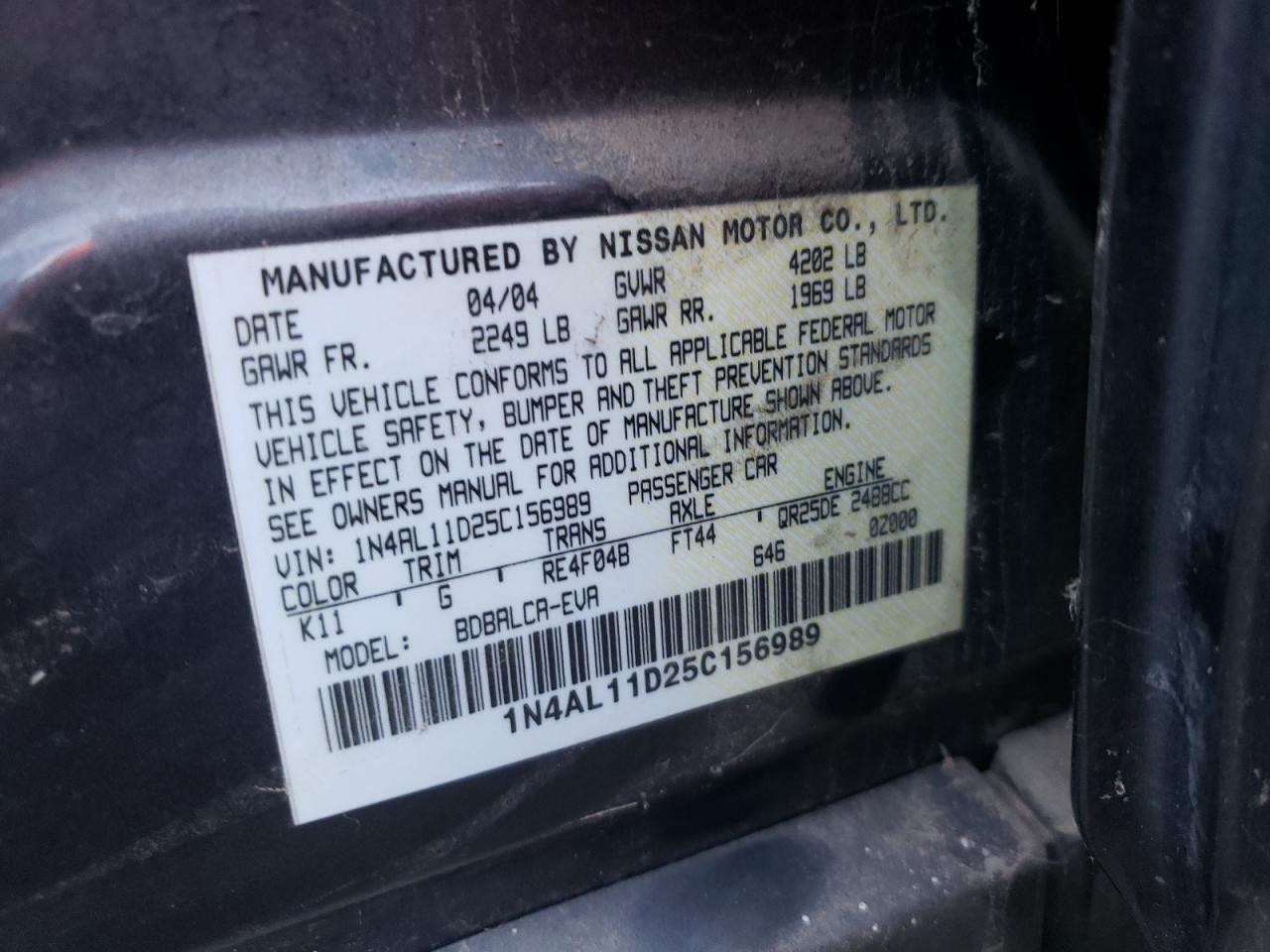 Photo 10 from auction – 2005 NISSAN ALTIMA S with VIN 1N4AL11D25C156989