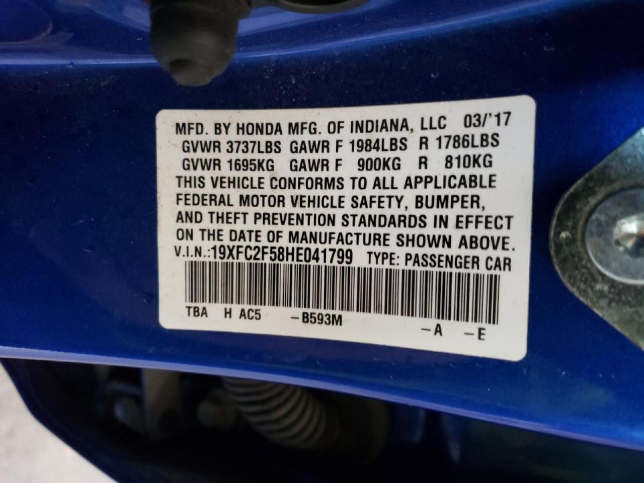 Photo 10 from auction – 2017 HONDA CIVIC LX with VIN 19XFC2F58HE041799