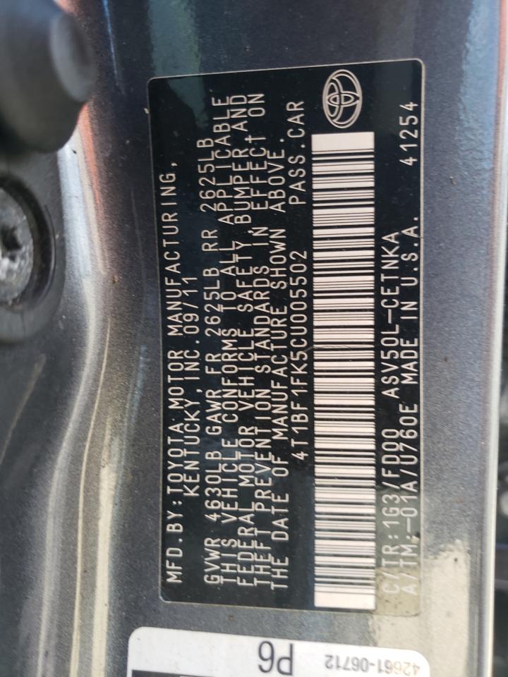 Photo 10 from auction – 2012 TOYOTA CAMRY BASE with VIN 4T1BF1FK5CU005502