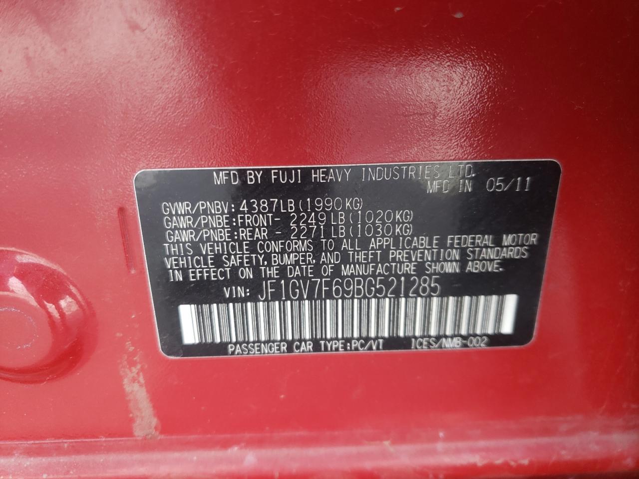 Photo 10 from auction – 2011 SUBARU IMPREZA WR with VIN JF1GV7F69BG521285