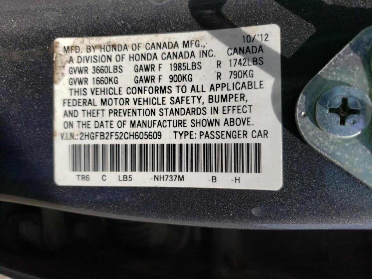 Photo 10 from auction – 2012 HONDA CIVIC LX with VIN 2HGFB2F52CH605609