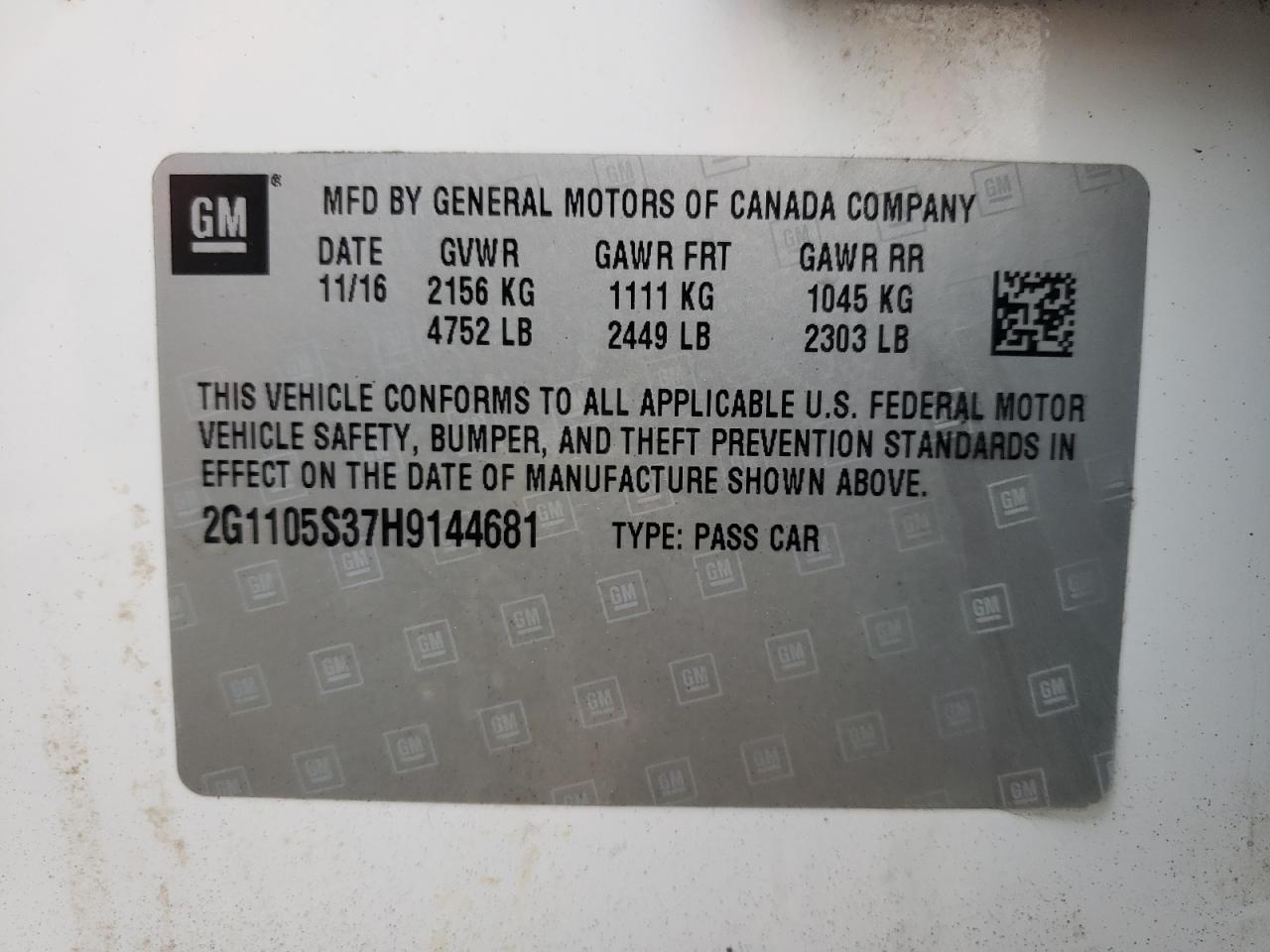 Photo 10 from auction – 2017 CHEVROLET IMPALA LT with VIN 2G1105S37H9144681